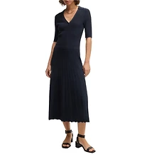 BOSS By Hugo Boss Fracie Ribbed Knit V-Neck Elbow Sleeve Fit-And-Flare Midi Dress