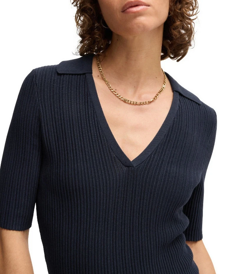 BOSS By Hugo Boss Fracie Ribbed Knit V-Neck Elbow Sleeve Fit-And-Flare Midi Dress