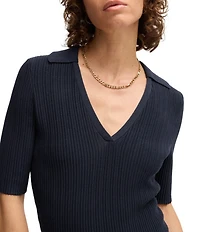 BOSS By Hugo Boss Fracie Ribbed Knit V-Neck Elbow Sleeve Fit-And-Flare Midi Dress