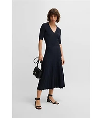 BOSS By Hugo Boss Fracie Ribbed Knit V-Neck Elbow Sleeve Fit-And-Flare Midi Dress