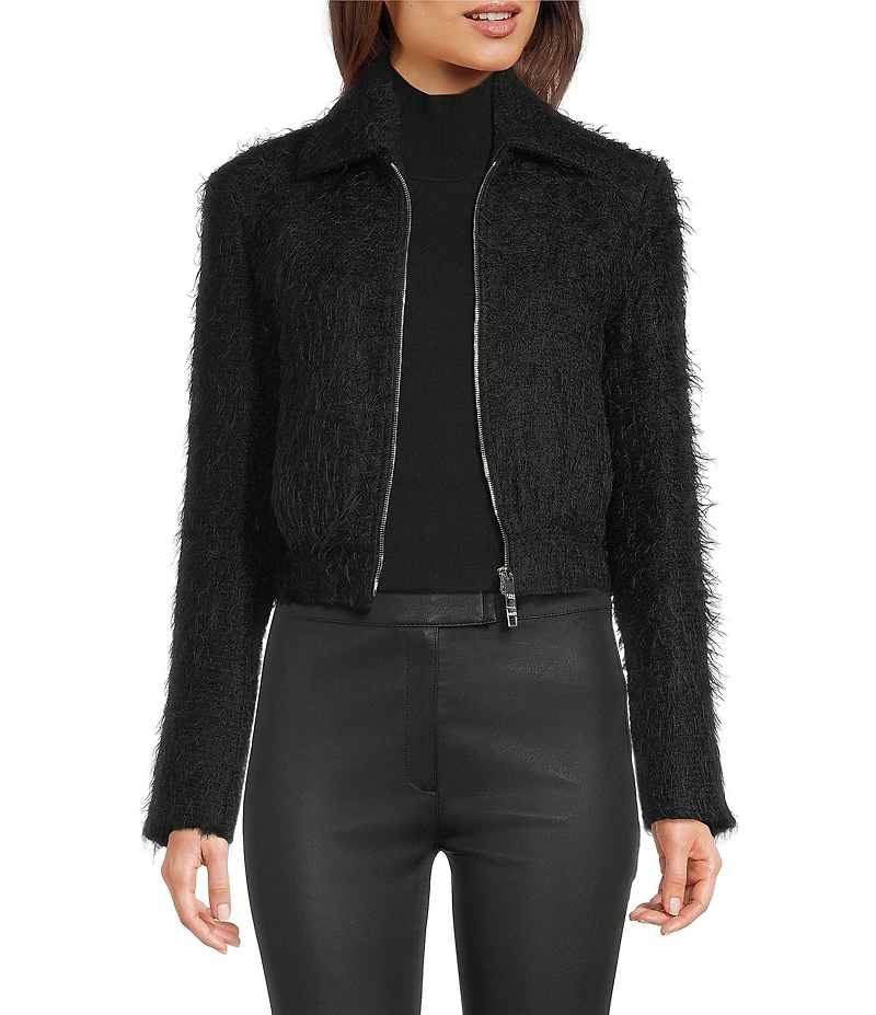 BOSS By Hugo Boss Jocalen Wool Blend Eyelash Fringe Notch Collar Long Sleeve Cropped Jacket