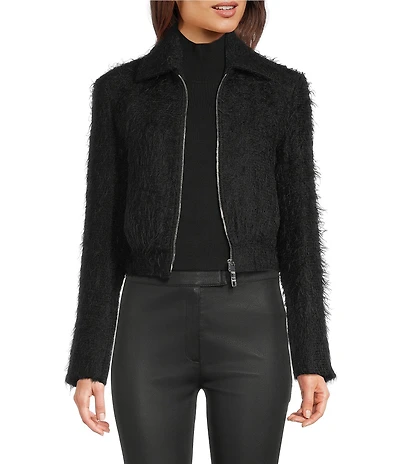 BOSS By Hugo Boss Jocalen Wool Blend Eyelash Fringe Notch Collar Long Sleeve Cropped Jacket