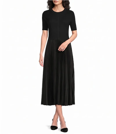 BOSS by Hugo Boss Mixed-Media Crew Neck Short Sleeve A-Line Pleated Dress