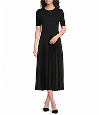 BOSS by Hugo Boss Mixed-Media Crew Neck Short Sleeve A-Line Pleated Dress