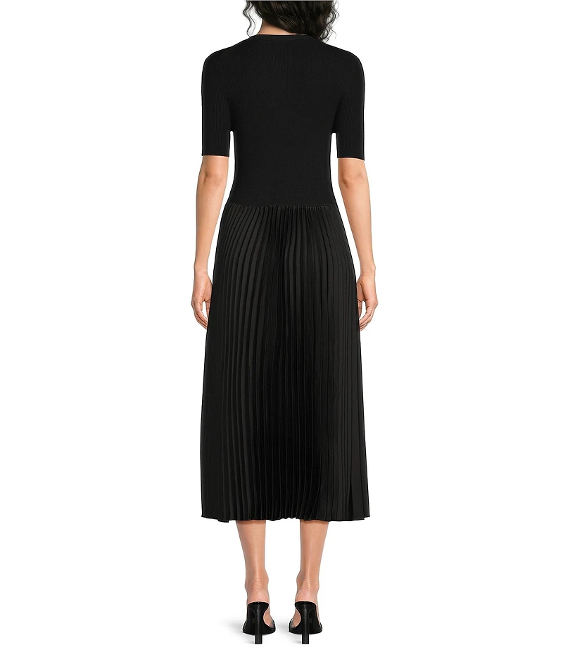 BOSS by Hugo Boss Mixed-Media Crew Neck Short Sleeve A-Line Pleated Dress