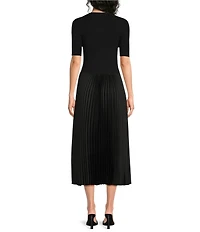 BOSS by Hugo Boss Mixed-Media Crew Neck Short Sleeve A-Line Pleated Dress