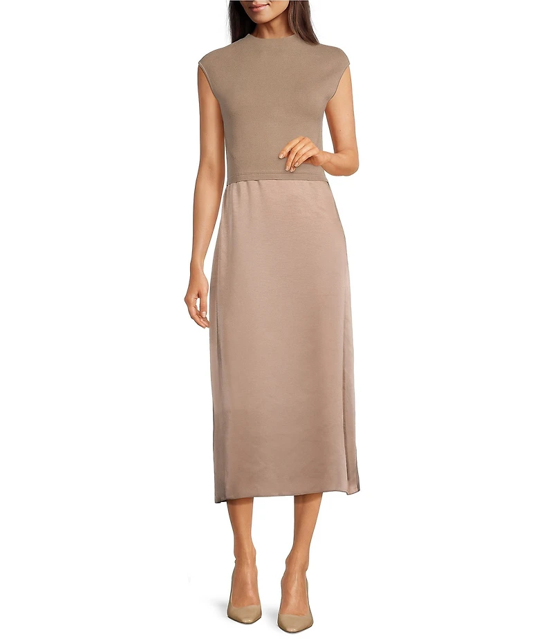 BOSS by Hugo Boss Mixed Media Mock Neck Cap Sleeve Midi Dress