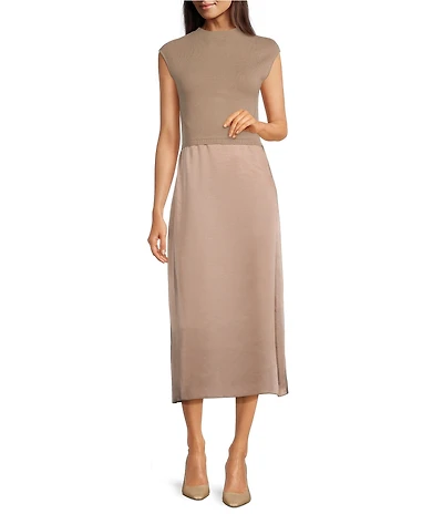 BOSS by Hugo Boss Mixed Media Mock Neck Cap Sleeve Midi Dress