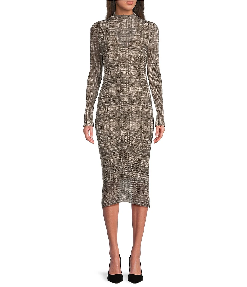 BOSS by Hugo Boss Printed Mesh Mock Neck Long Sleeve Midi Dress
