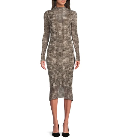 BOSS by Hugo Boss Printed Mesh Mock Neck Long Sleeve Midi Dress