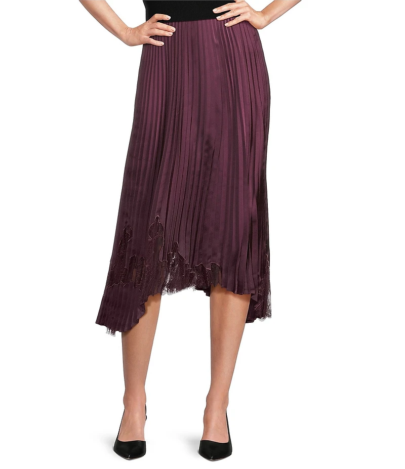 BOSS by Hugo Boss Velacey Lace Inset Satin Pleated Asymmetrical Midi Skirt