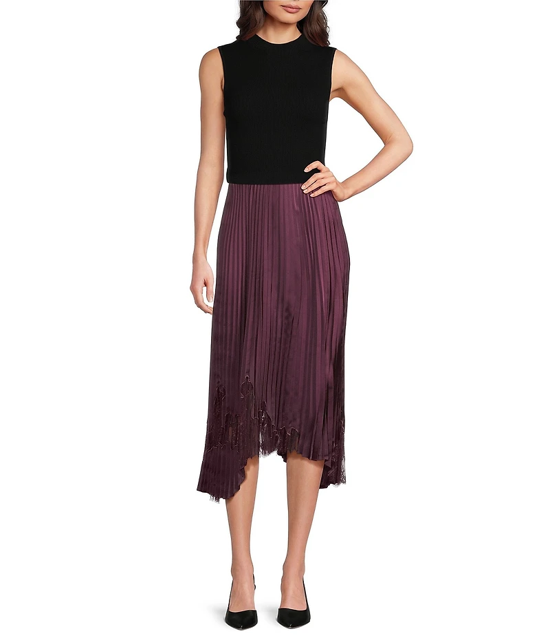 BOSS by Hugo Boss Velacey Lace Inset Satin Pleated Asymmetrical Midi Skirt