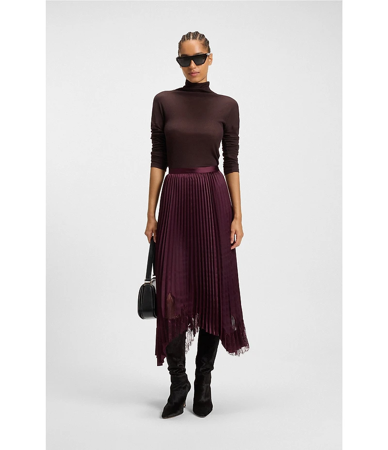 BOSS by Hugo Boss Velacey Lace Inset Satin Pleated Asymmetrical Midi Skirt