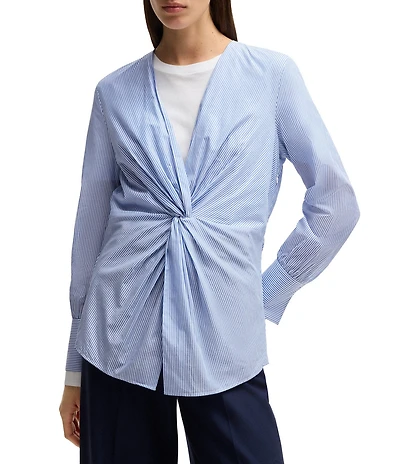 BOSS By Hugo Boss Woven Stripe Print V-Neck Twist Front Long Sleeve Shirt
