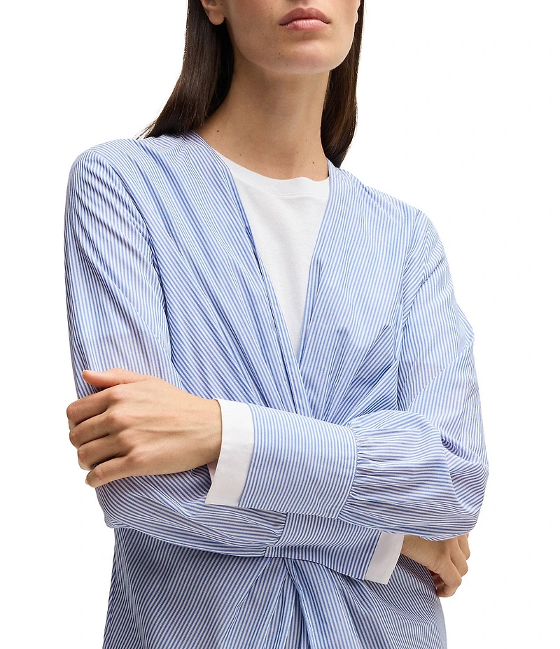 BOSS By Hugo Boss Woven Stripe Print V-Neck Twist Front Long Sleeve Shirt