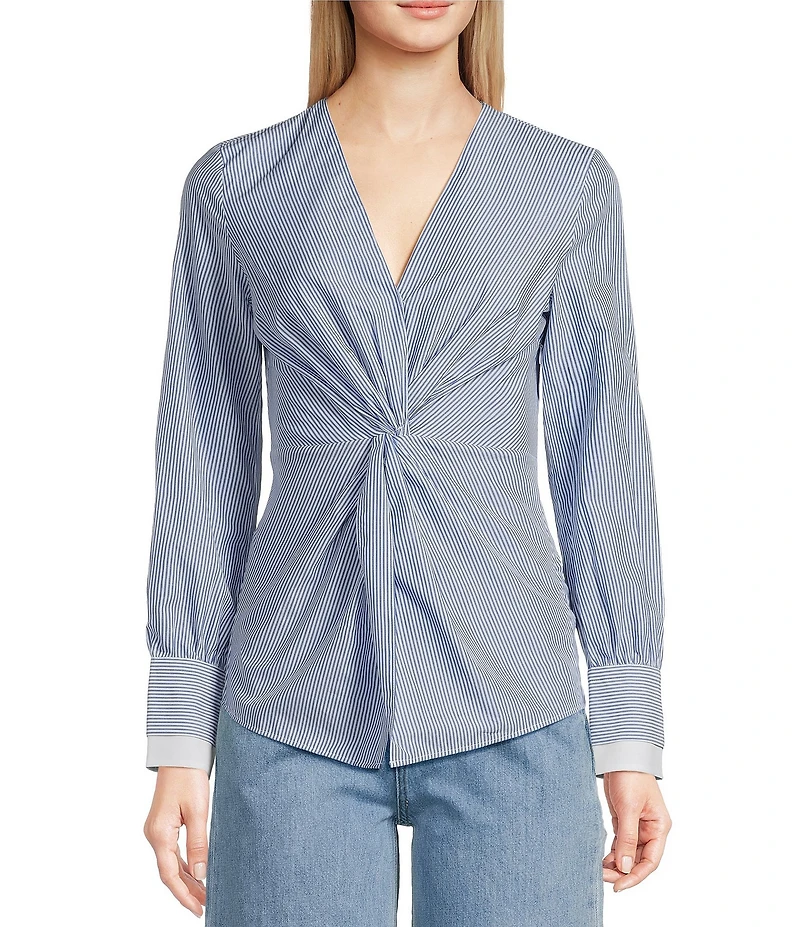 BOSS By Hugo Boss Woven Stripe Print V-Neck Twist Front Long Sleeve Shirt