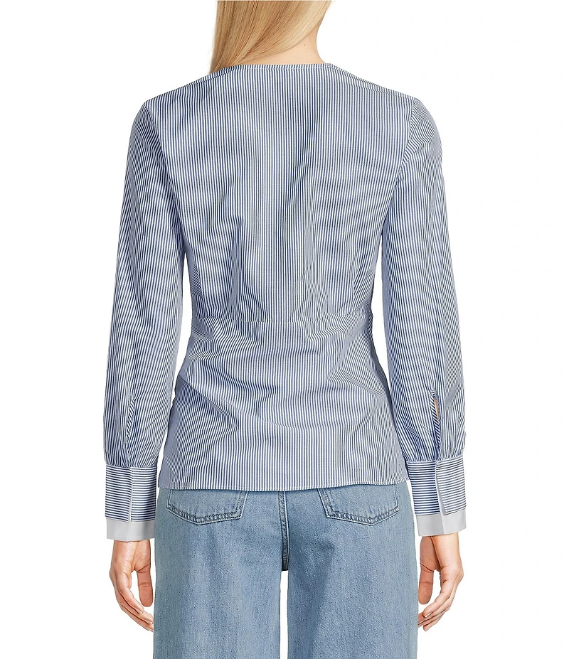 BOSS By Hugo Boss Woven Stripe Print V-Neck Twist Front Long Sleeve Shirt