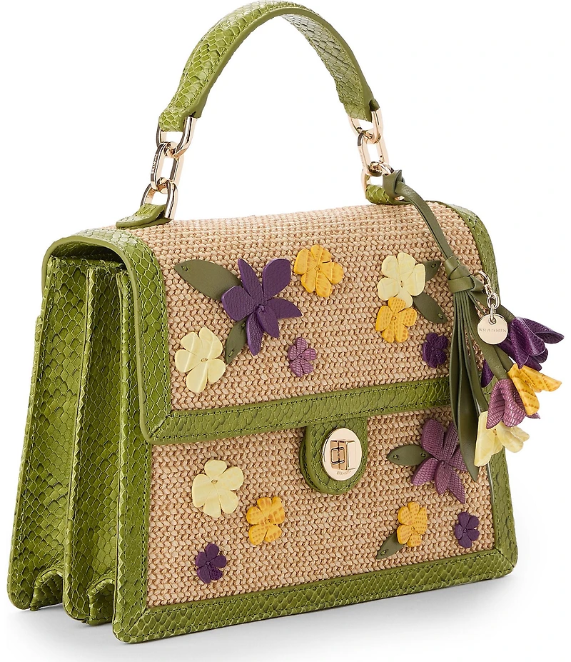 BRAHMIN Flora Collection Small Hallie 3D Floral Applique Raffia Satchel Bag
