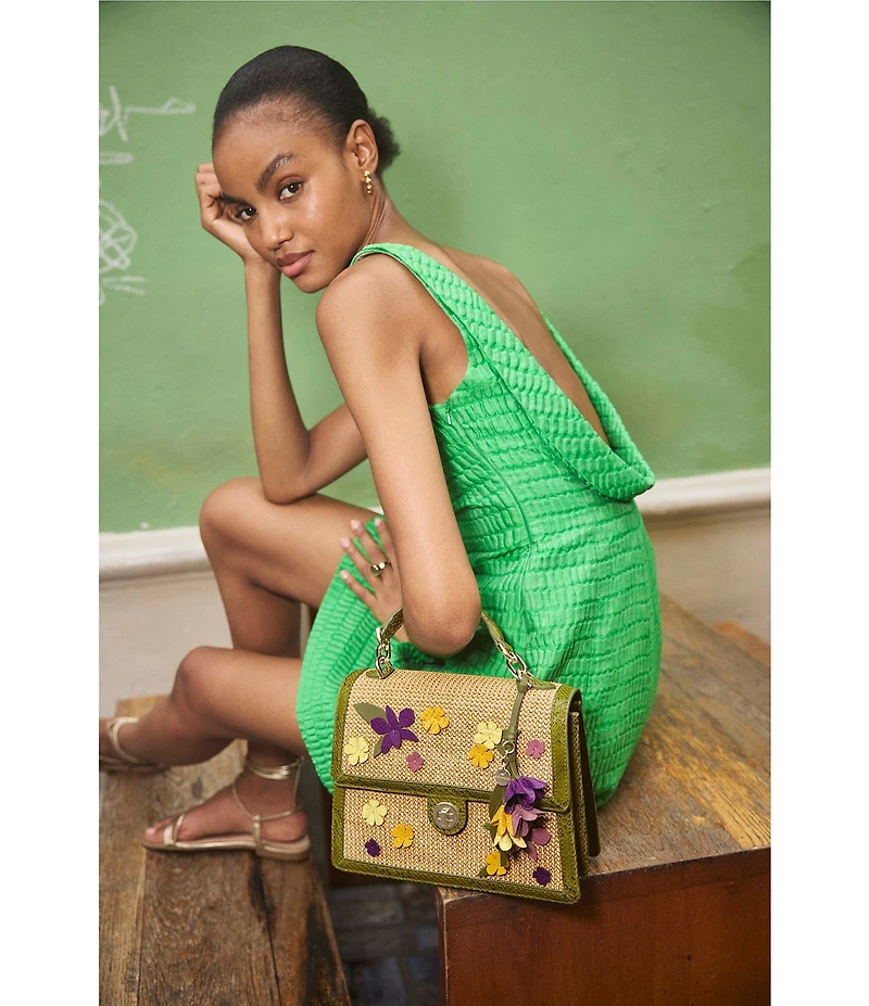 BRAHMIN Flora Collection Small Hallie 3D Floral Applique Raffia Satchel Bag