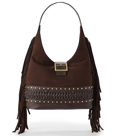 BRAHMIN Gwynne Bohemian Collection Chocolate Buckle Studded Fringe Suede Hobo Shoulder Bag