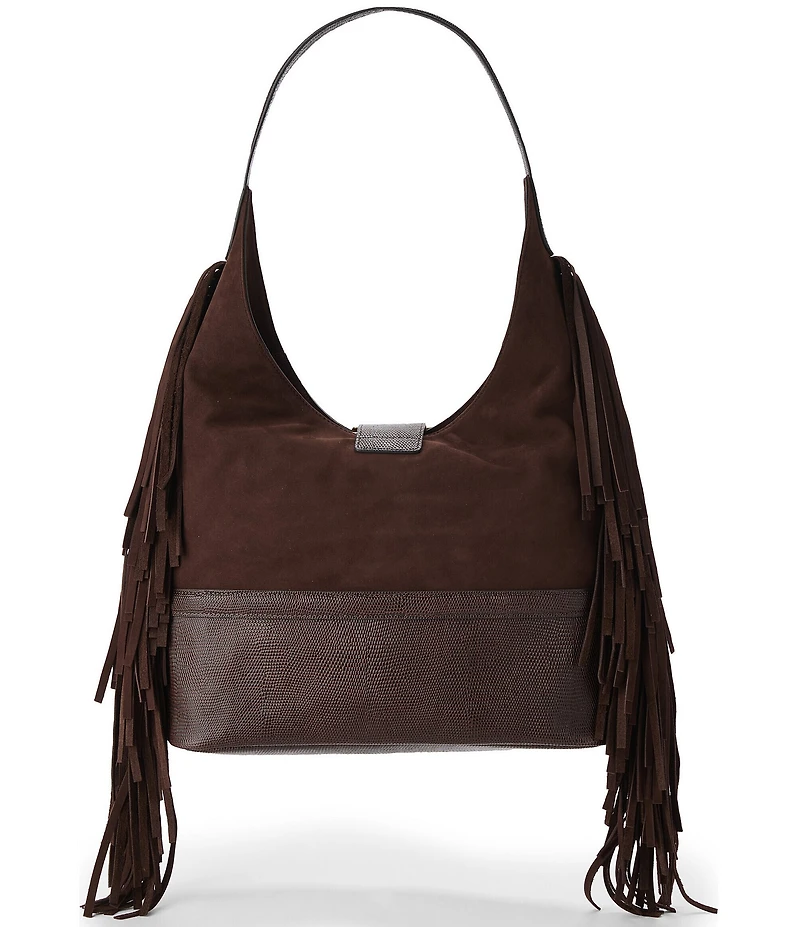 BRAHMIN Gwynne Bohemian Collection Chocolate Buckle Studded Fringe Suede Hobo Shoulder Bag