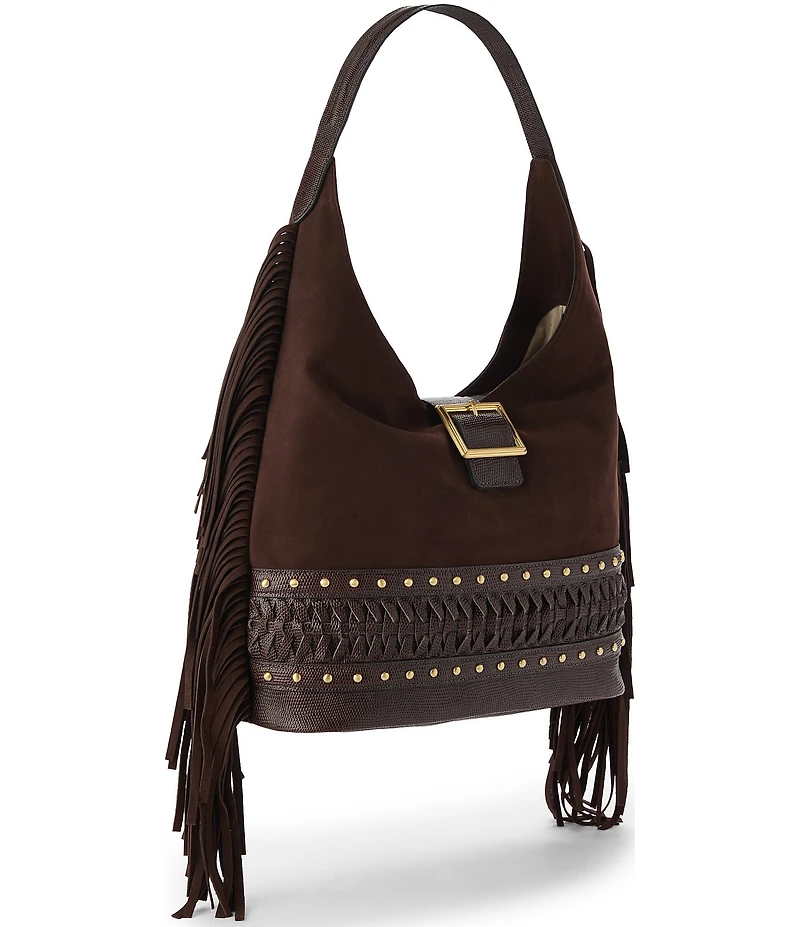 BRAHMIN Gwynne Bohemian Collection Chocolate Buckle Studded Fringe Suede Hobo Shoulder Bag