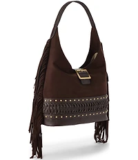 BRAHMIN Gwynne Bohemian Collection Chocolate Buckle Studded Fringe Suede Hobo Shoulder Bag