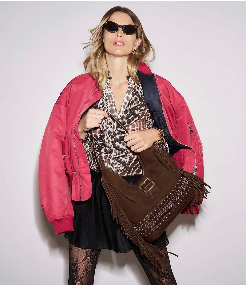 BRAHMIN Gwynne Bohemian Collection Chocolate Buckle Studded Fringe Suede Hobo Shoulder Bag