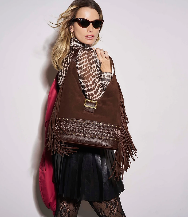 BRAHMIN Gwynne Bohemian Collection Chocolate Buckle Studded Fringe Suede Hobo Shoulder Bag