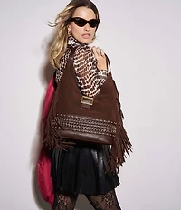 BRAHMIN Gwynne Bohemian Collection Chocolate Buckle Studded Fringe Suede Hobo Shoulder Bag