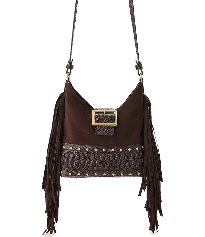 BRAHMIN Gwynne Bohemian Collection Chocolate Small Suede Fringe Studded Crossbody Bag