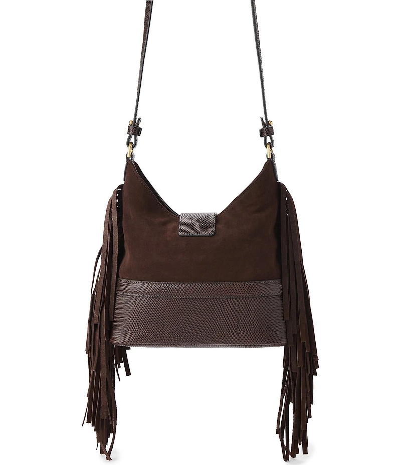 BRAHMIN Gwynne Bohemian Collection Chocolate Small Suede Fringe Studded Crossbody Bag