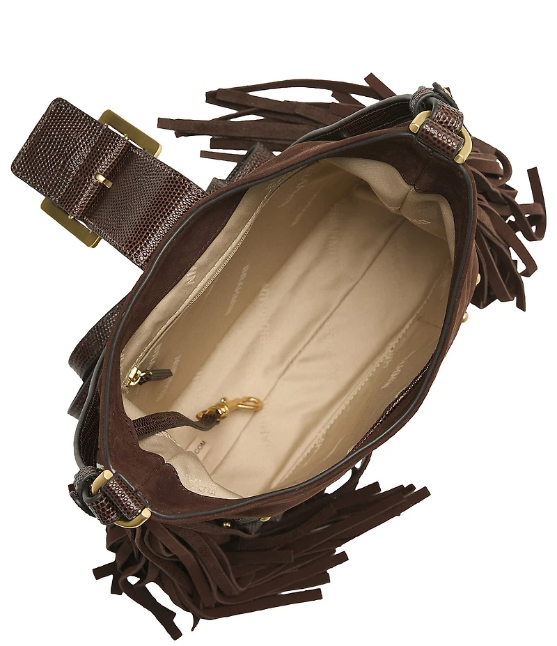 BRAHMIN Gwynne Bohemian Collection Chocolate Small Suede Fringe Studded Crossbody Bag
