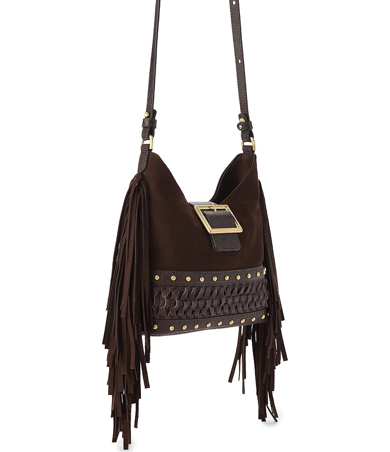 BRAHMIN Gwynne Bohemian Collection Chocolate Small Suede Fringe Studded Crossbody Bag