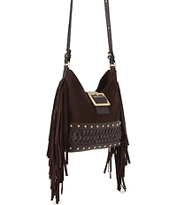 BRAHMIN Gwynne Bohemian Collection Chocolate Small Suede Fringe Studded Crossbody Bag