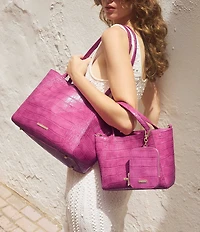 BRAHMIN Pink Alba Collection Mona Flat Croc Embossed Tote Bag