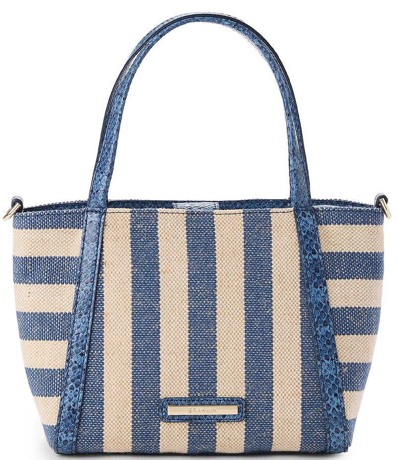 BRAHMIN Playa Collection Navy Small Mona Striped Canvas Tote Bag