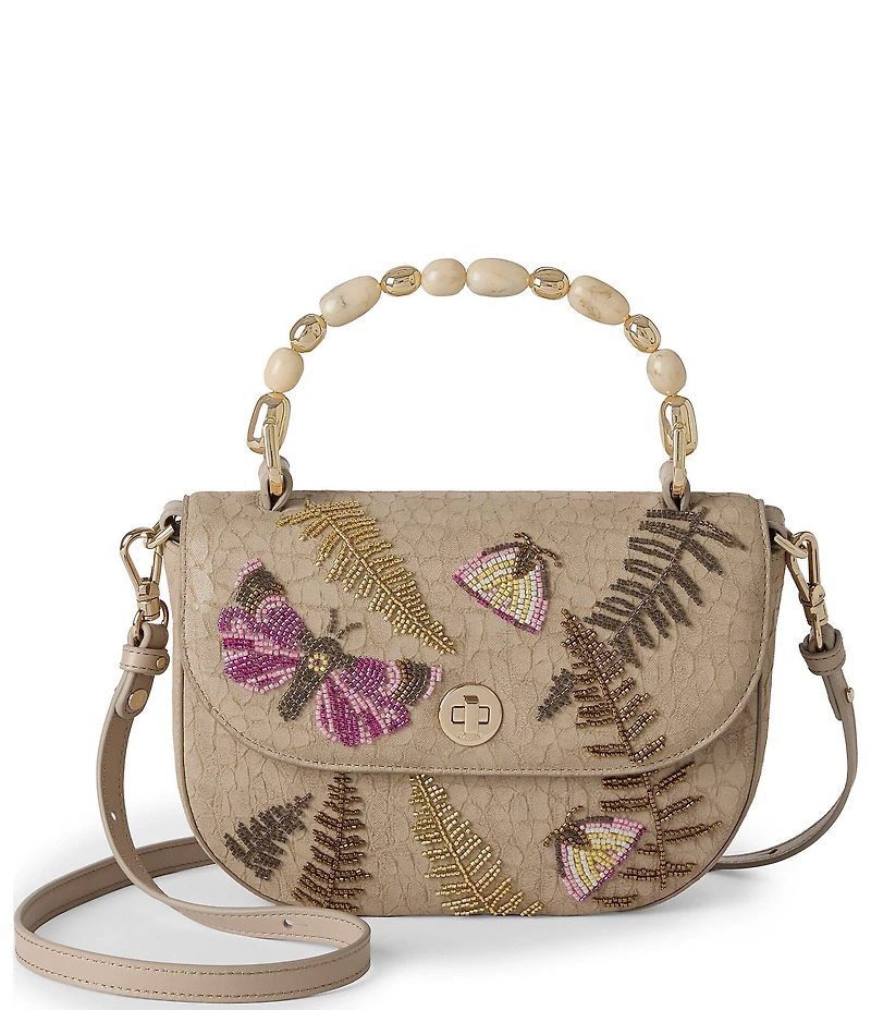 BRAHMIN Portia Fossilized Woodland Collection Flap Beaded Embroidered Turn Lock Resin Handle Crossbody Bag