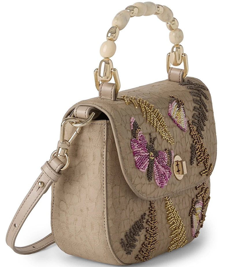 BRAHMIN Portia Fossilized Woodland Collection Flap Beaded Embroidered Turn Lock Resin Handle Crossbody Bag