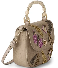 BRAHMIN Portia Fossilized Woodland Collection Flap Beaded Embroidered Turn Lock Resin Handle Crossbody Bag