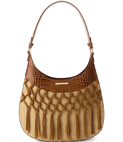 BRAHMIN Saddle Venture Collection Fallon Raffia and Suede Shoulder Bag