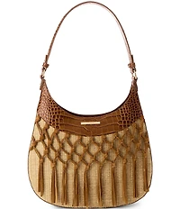 BRAHMIN Saddle Venture Collection Fallon Raffia and Suede Shoulder Bag