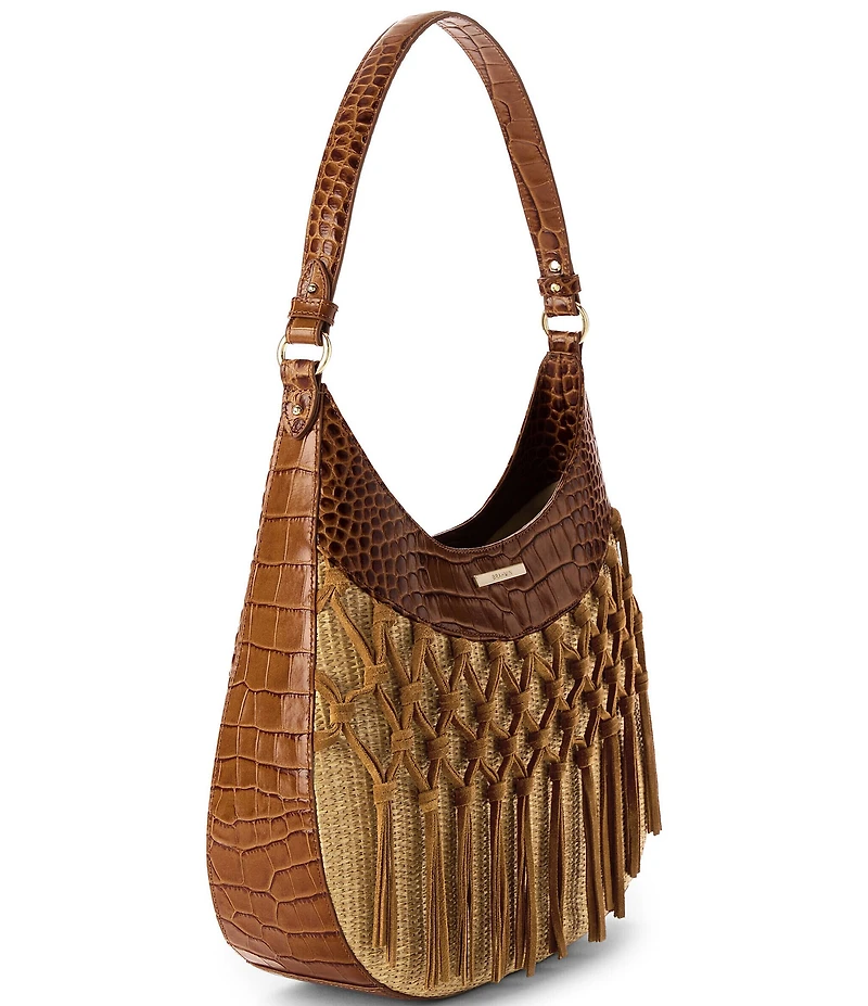 BRAHMIN Saddle Venture Collection Fallon Raffia and Suede Shoulder Bag