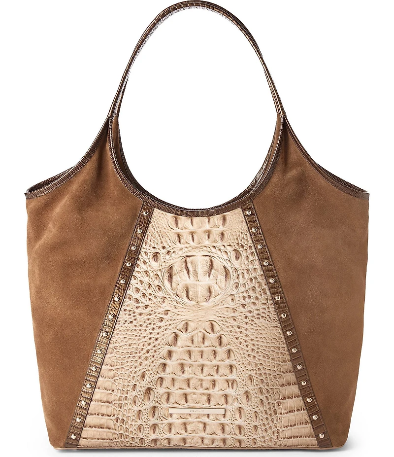 BRAHMIN Taupe Ensemble Iona Suede & Leather Studded Tote Bag