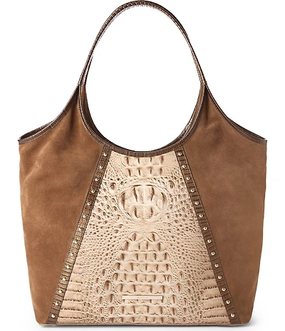 BRAHMIN Taupe Ensemble Iona Suede & Leather Studded Tote Bag