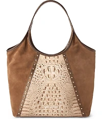 BRAHMIN Taupe Ensemble Iona Suede & Leather Studded Tote Bag