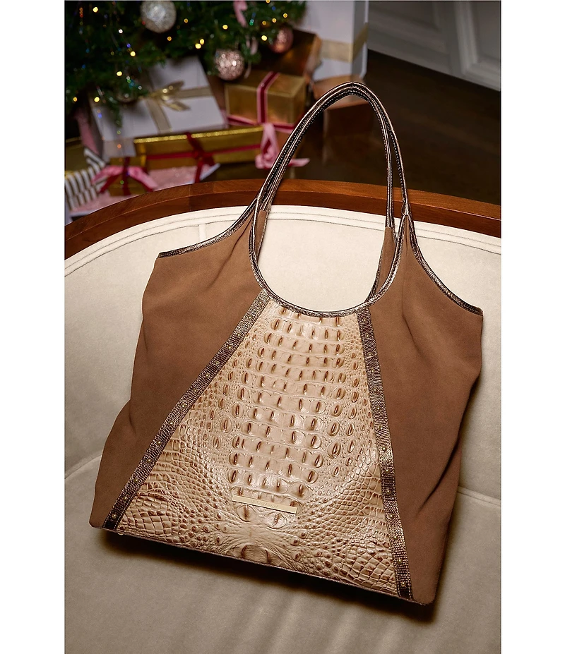BRAHMIN Taupe Ensemble Iona Suede & Leather Studded Tote Bag