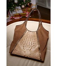 BRAHMIN Taupe Ensemble Iona Suede & Leather Studded Tote Bag