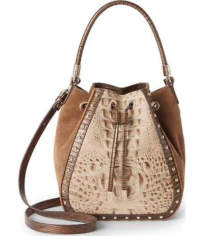 BRAHMIN Taupe Ensemble Melinda Suede & Lather Studded Bucket Bag