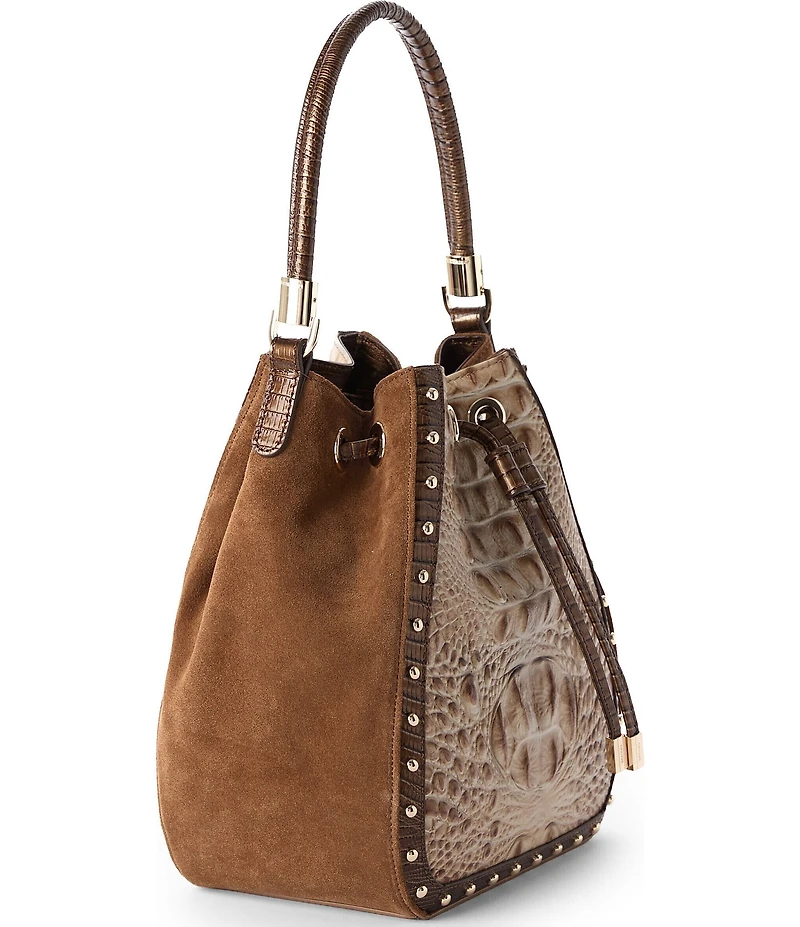 BRAHMIN Taupe Ensemble Melinda Suede & Lather Studded Bucket Bag